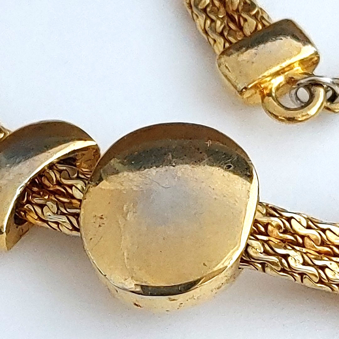 Vintage Gold Tone Faux Pearl Pendant Necklace Mesh Chain Slider 16”