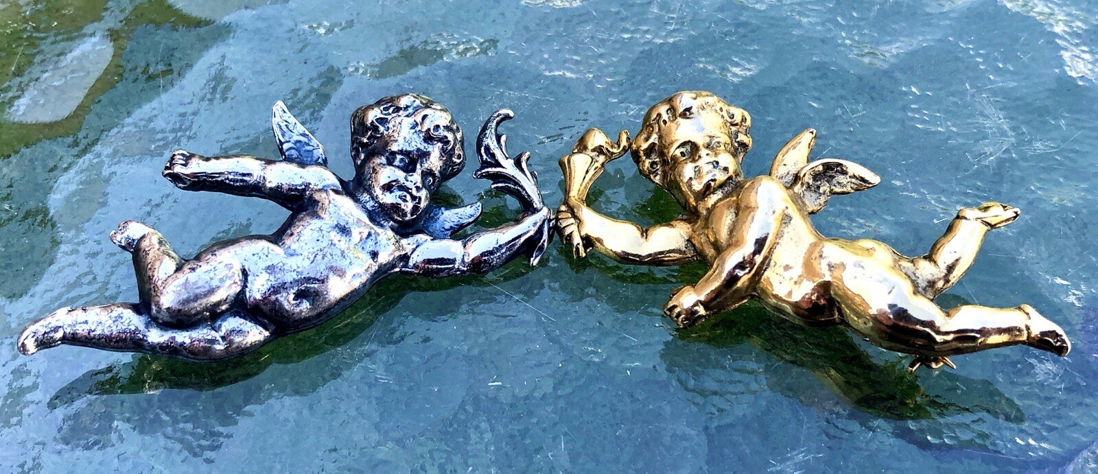 2 Vtg Zentall Cupid Pin Brooches- Baby Cherub Silver & Gold- One Signed Designer