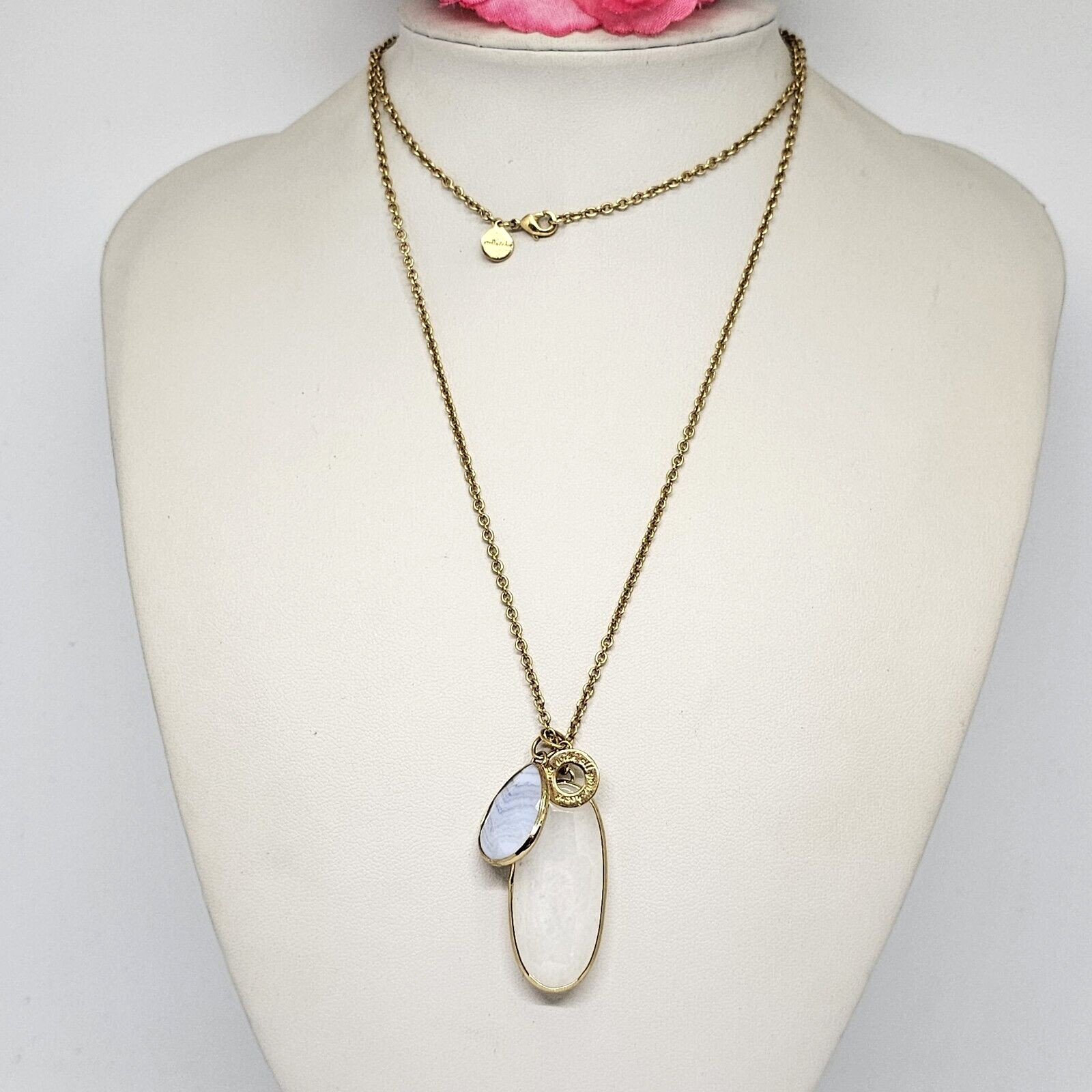 STELLA & DOT Gold Pink Blue Agate stone Charm Pendant Chain Necklace