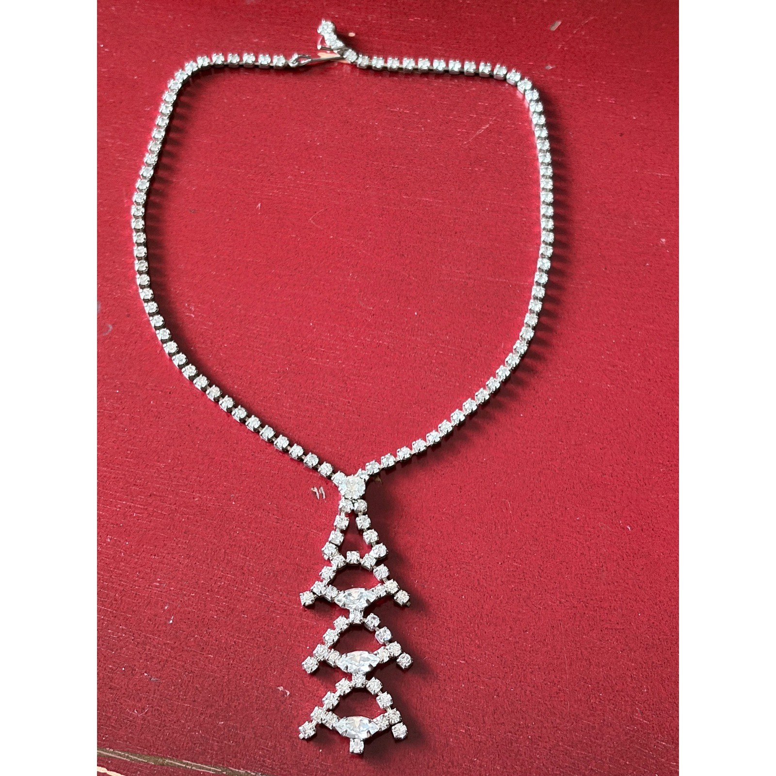 Vintage Rhinestone Geometric Pendant Necklace Stacked Lozenge Drop 14″ Prom 50s