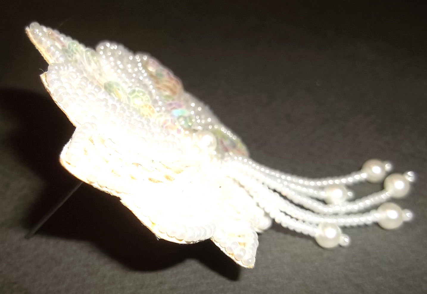 WHITE GLASS BEAD & SEQUIN BROOCH/ PIN-,pearlized seed beads ,satin back