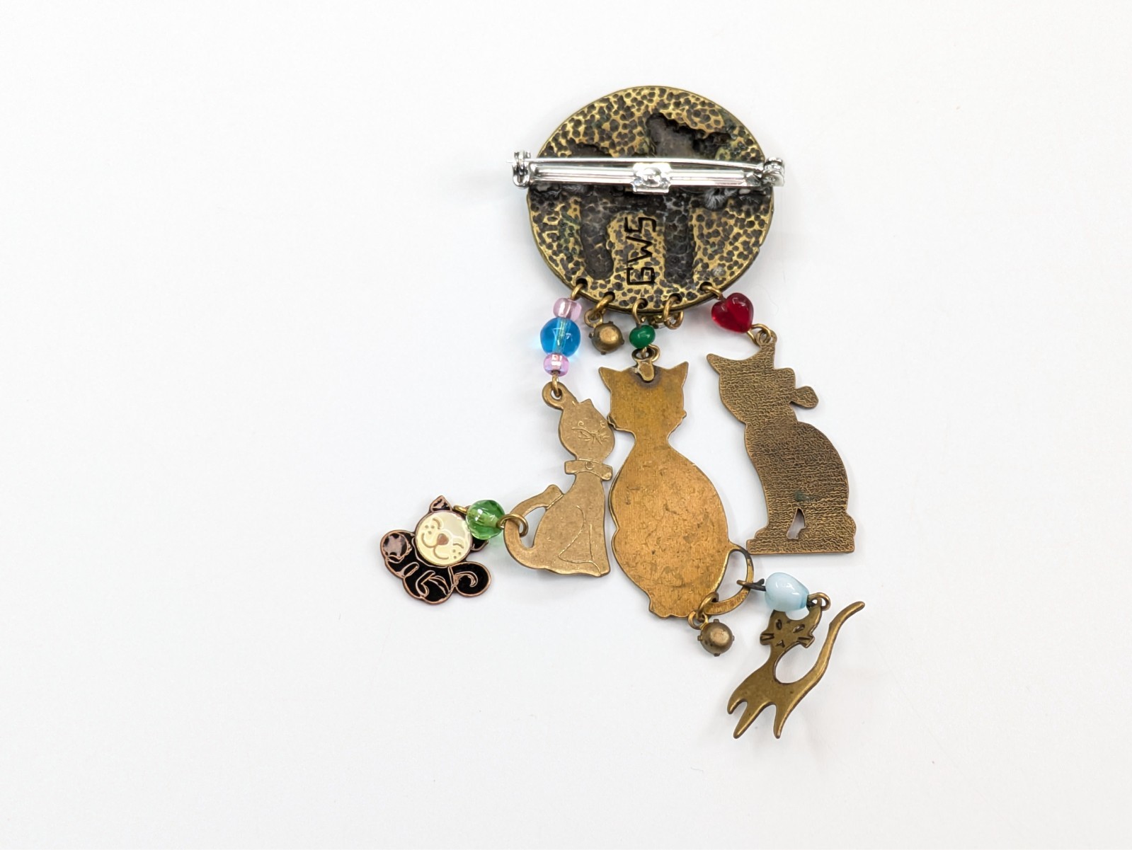 VTG Glassworks Studio Dangle Cat Charm Rhinestone Bronze/Brass Brooch Pin 4.5″