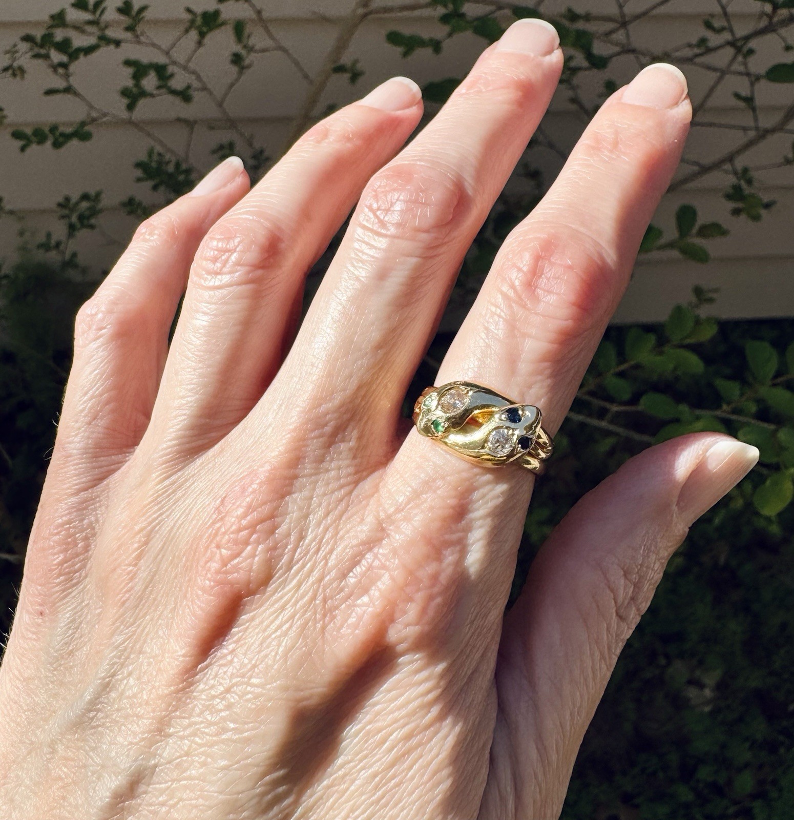 Antique Victorian 18K Gold Diamond Sapphire Emerald Double Snake Ring Sz 7.75 8g