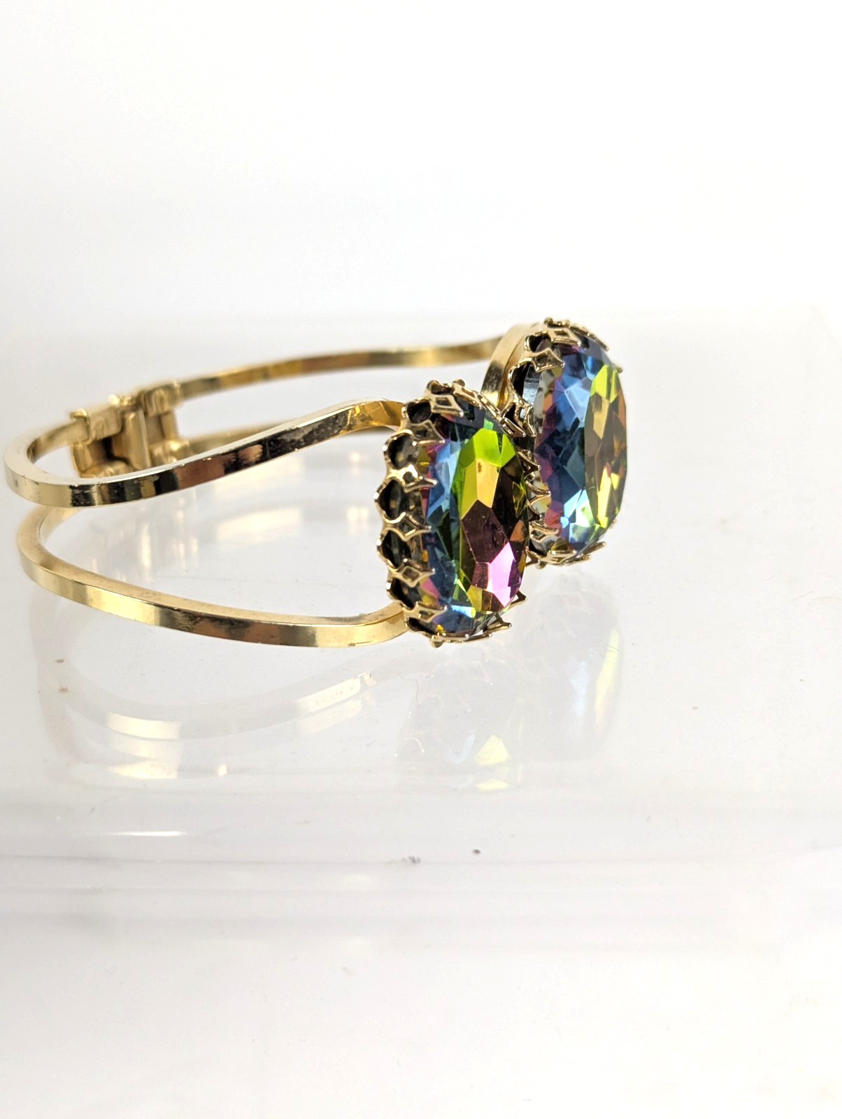 Estate Vintage Large Watermelon Heliotrope Crystals Clamper Bracelet Unsigned