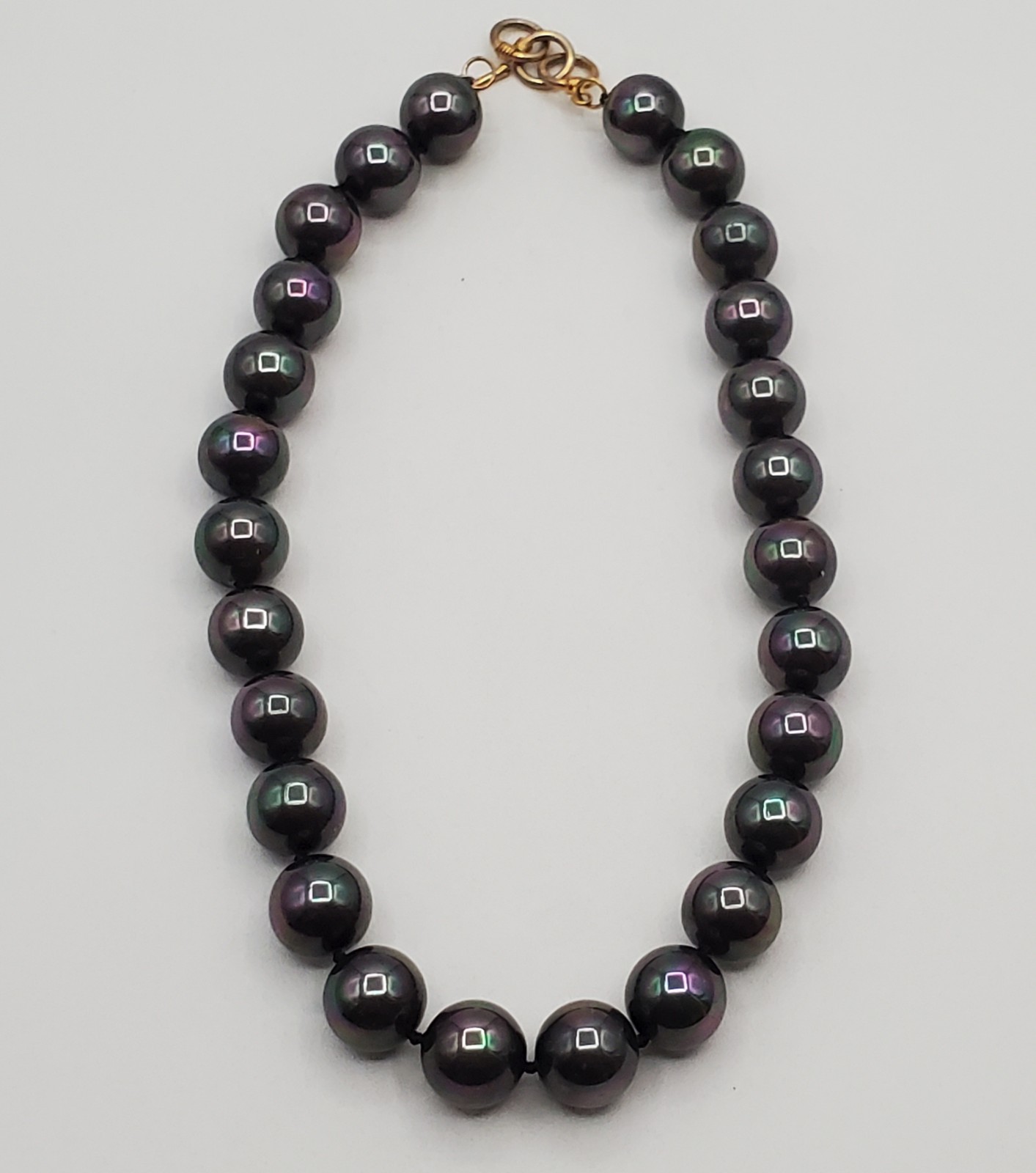 VTG 925 Vermeil Peacock Faux Pearl Necklace 12mm Gray Green Purple Hand Knotted