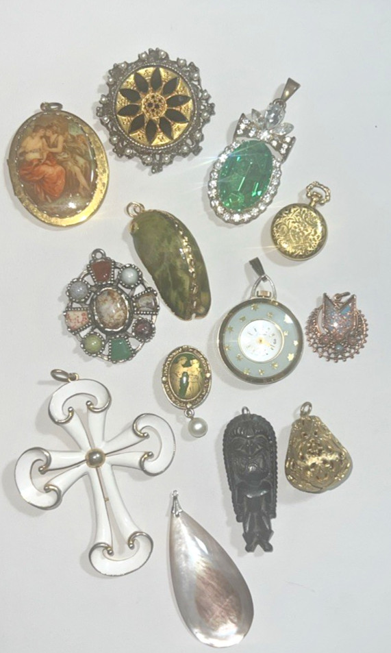 Vintage Unique Large Pendant Lot Cross Cameo Locket Watch Shell Stone Crystal