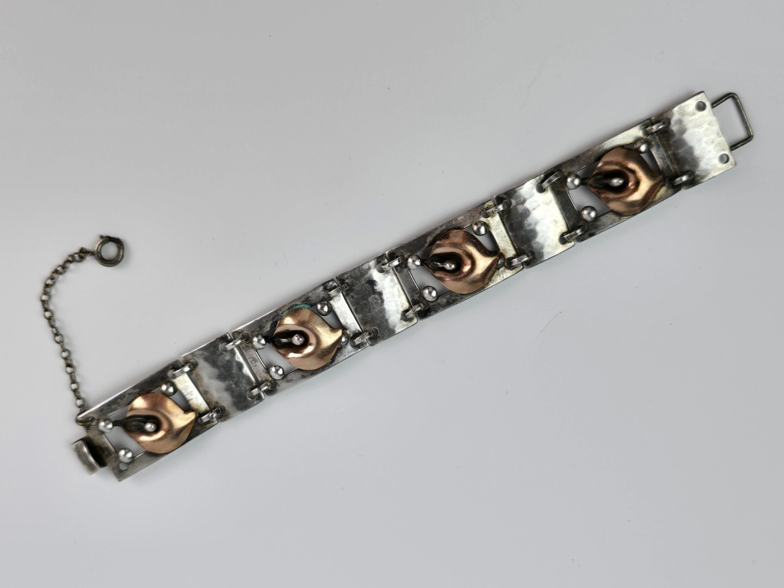 Vintage Sterling Silver & Gold Filled Flower Bud Square Link Bracelet 6.75″