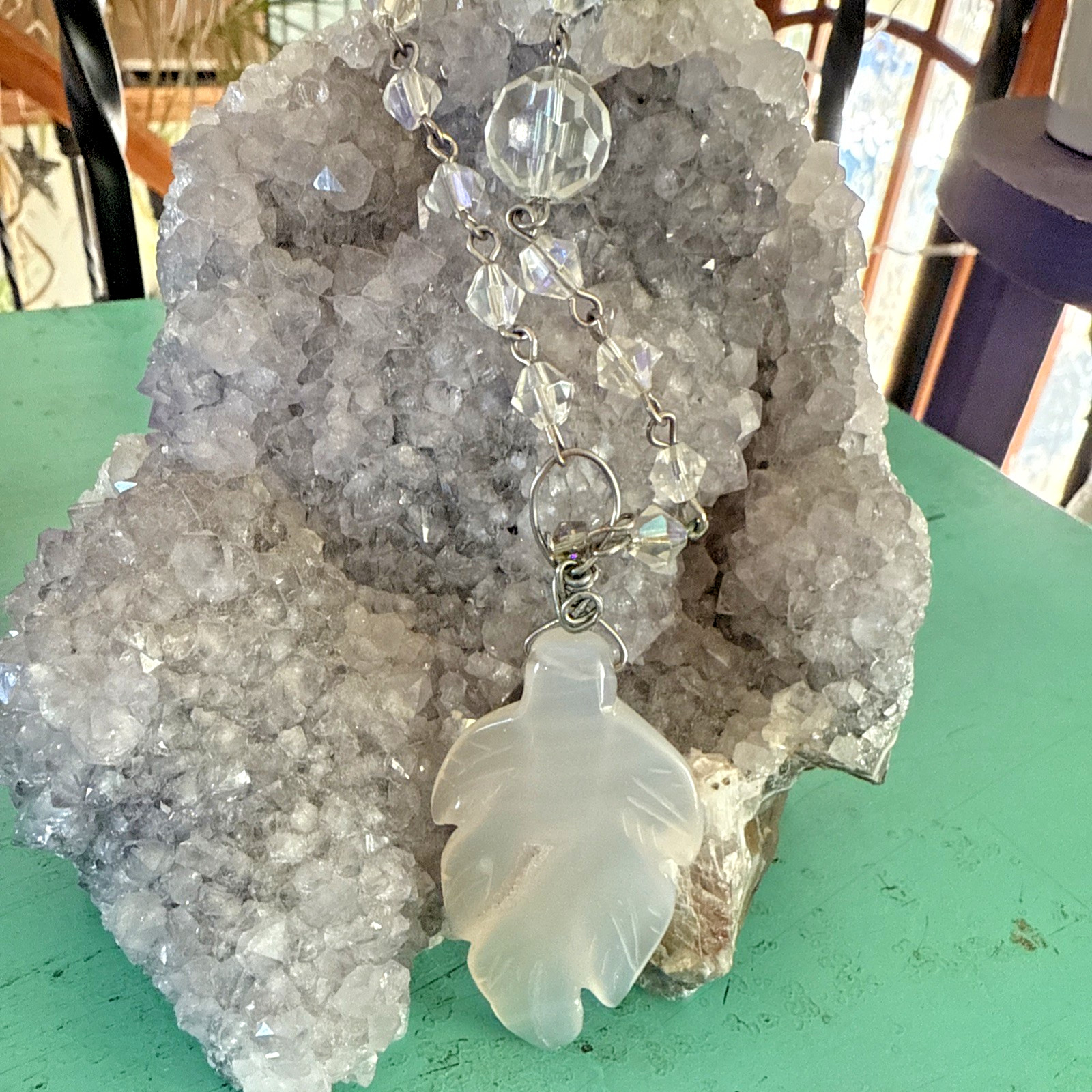 VTG Y2K NECKLACE Layer AGATE LEAF GEODE CRYSTALS AB Boho Hippie Gypsy Wedding