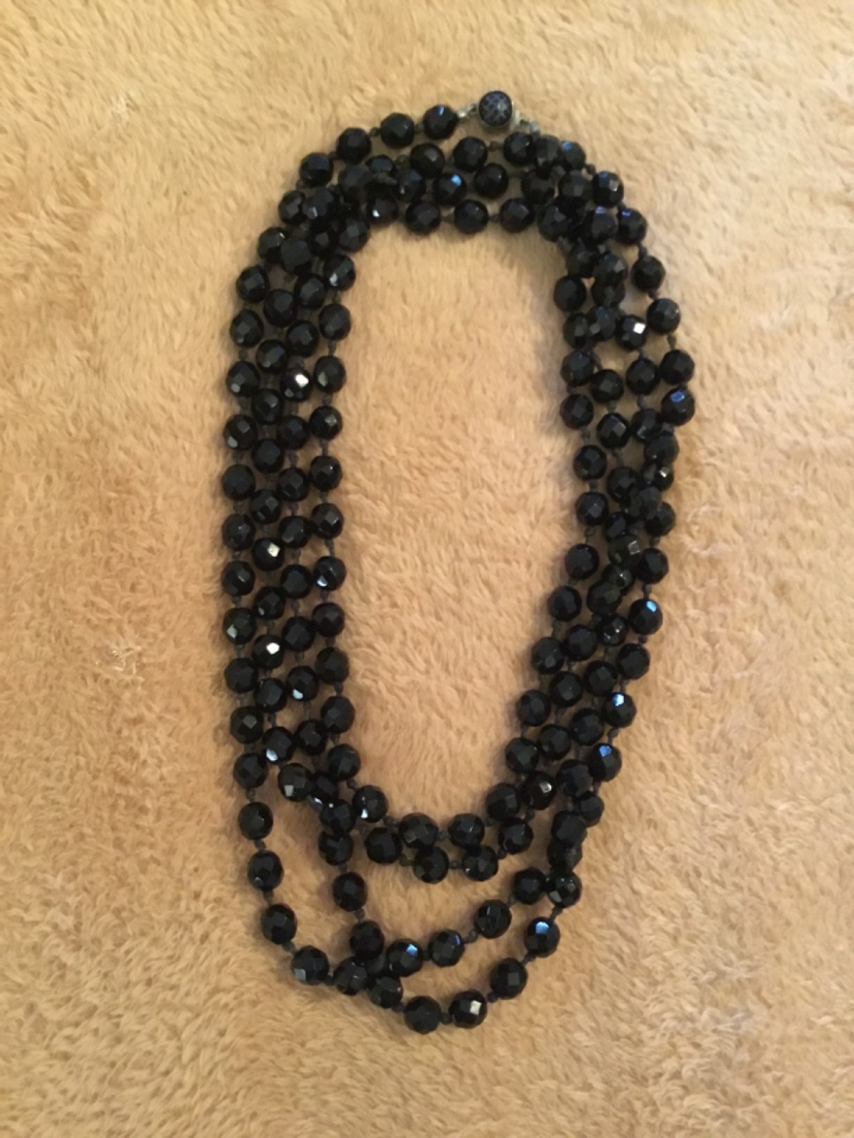Vtg Black AUSTRIAN 68″ Knotted Cut Crystal Beads XL Necklace-Silver Tone Clasp