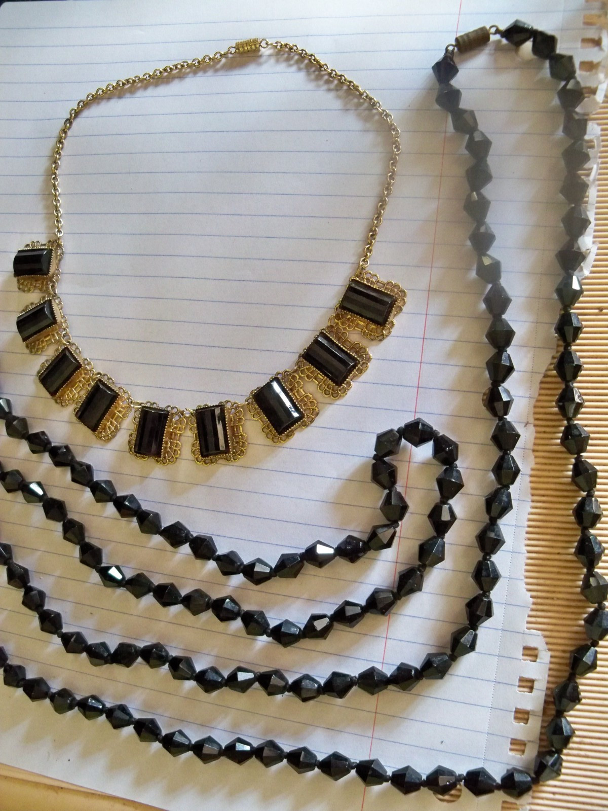 WOW 60″ BICONE flapper necklace lot mourning gold tone collar gothic revival