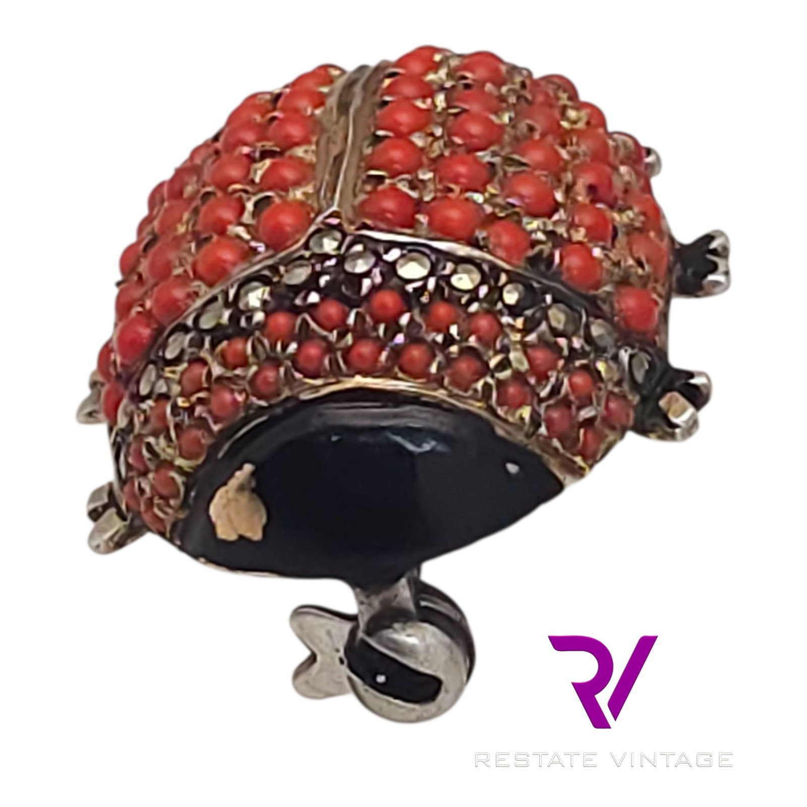 Vintage Germany US Zone Sterling Seed Coral Marcasite Ladybug Brooch