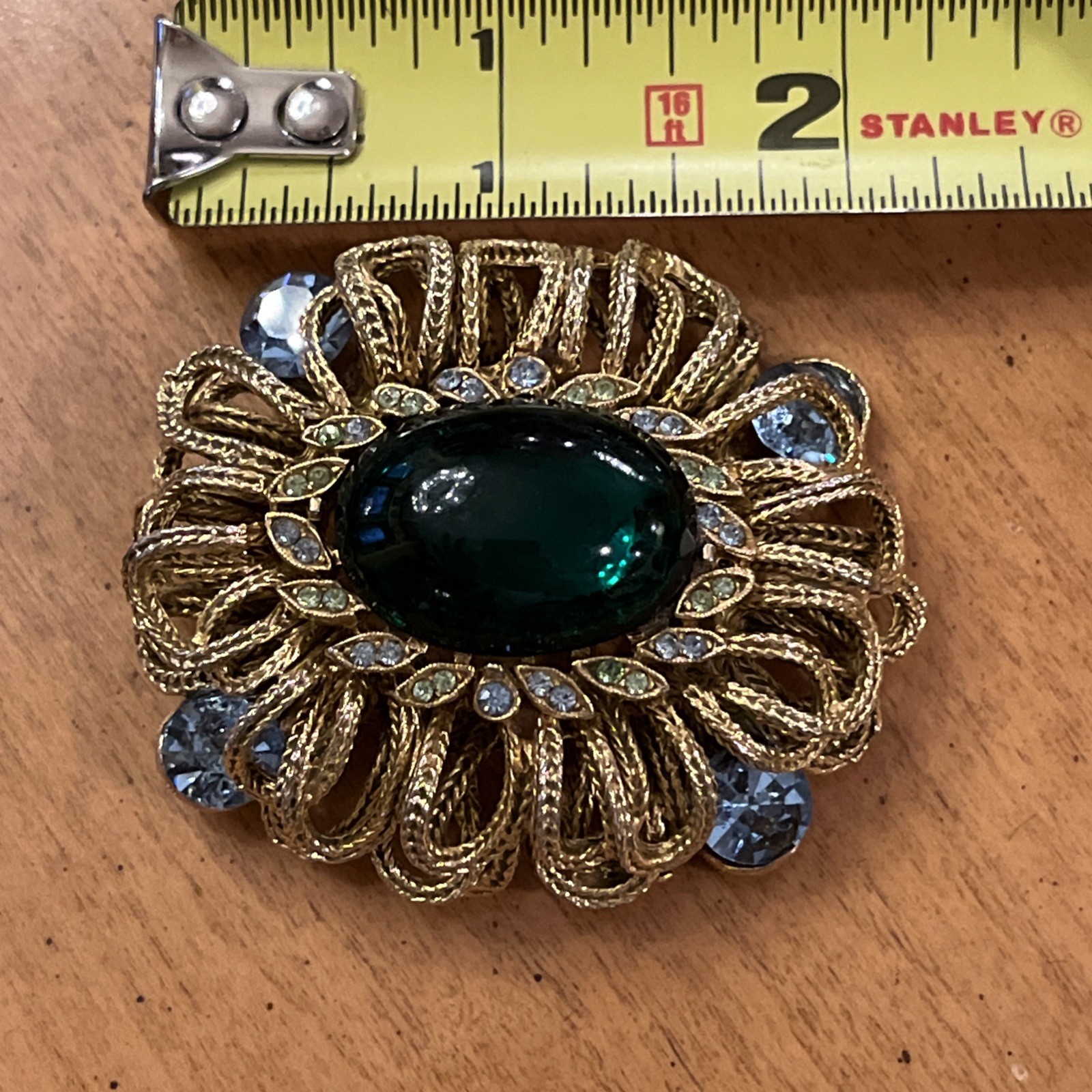 Vintage Capri Green Gripoix Glass Cabochon Blue Green Rhinestone Ornate Brooch