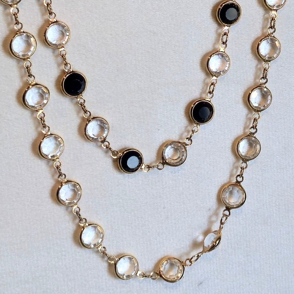 Vintage Swarovski Crystal Necklace Black & Clear Signed Gold Tone double strand