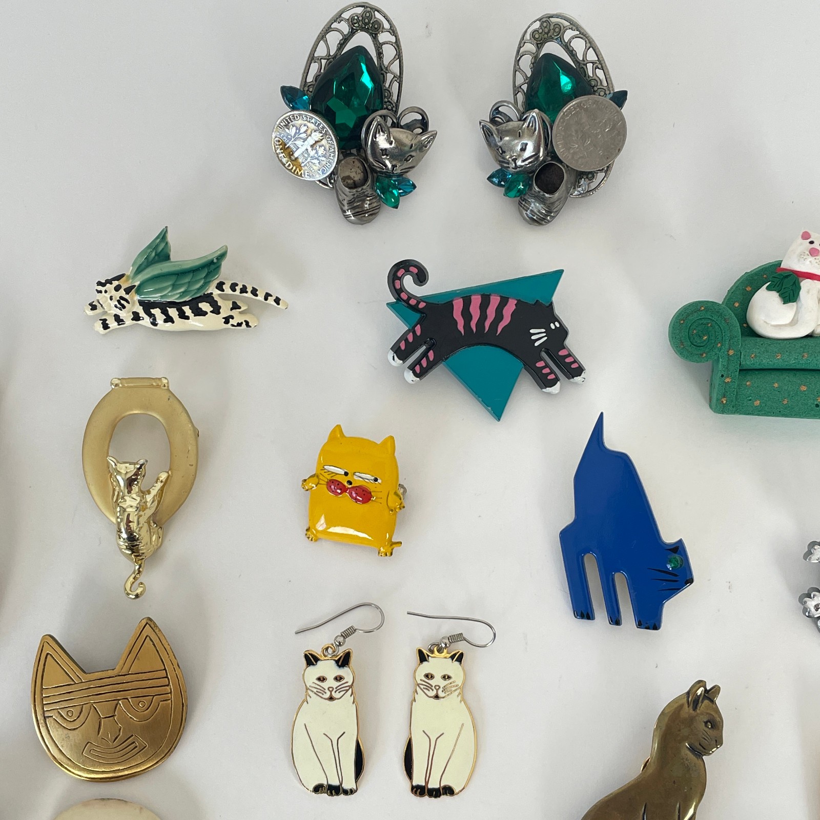 Vtg WHIMSICAL CAT Brooch Lot 50s 70s 80s Jewelry Artisan Burch Pinback Earrings
