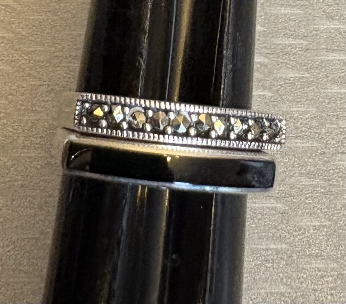Pair Stackable Sterling Silver Band Rings Flat Top Marcasite Black Enamel size 8