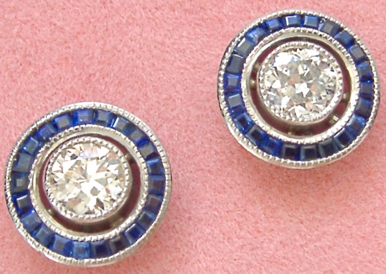 ART DECO 1.14ctw EURO FLOATING DIAMOND SAPPHIRE HALO 11mm PLATINUM STUD EARRINGS
