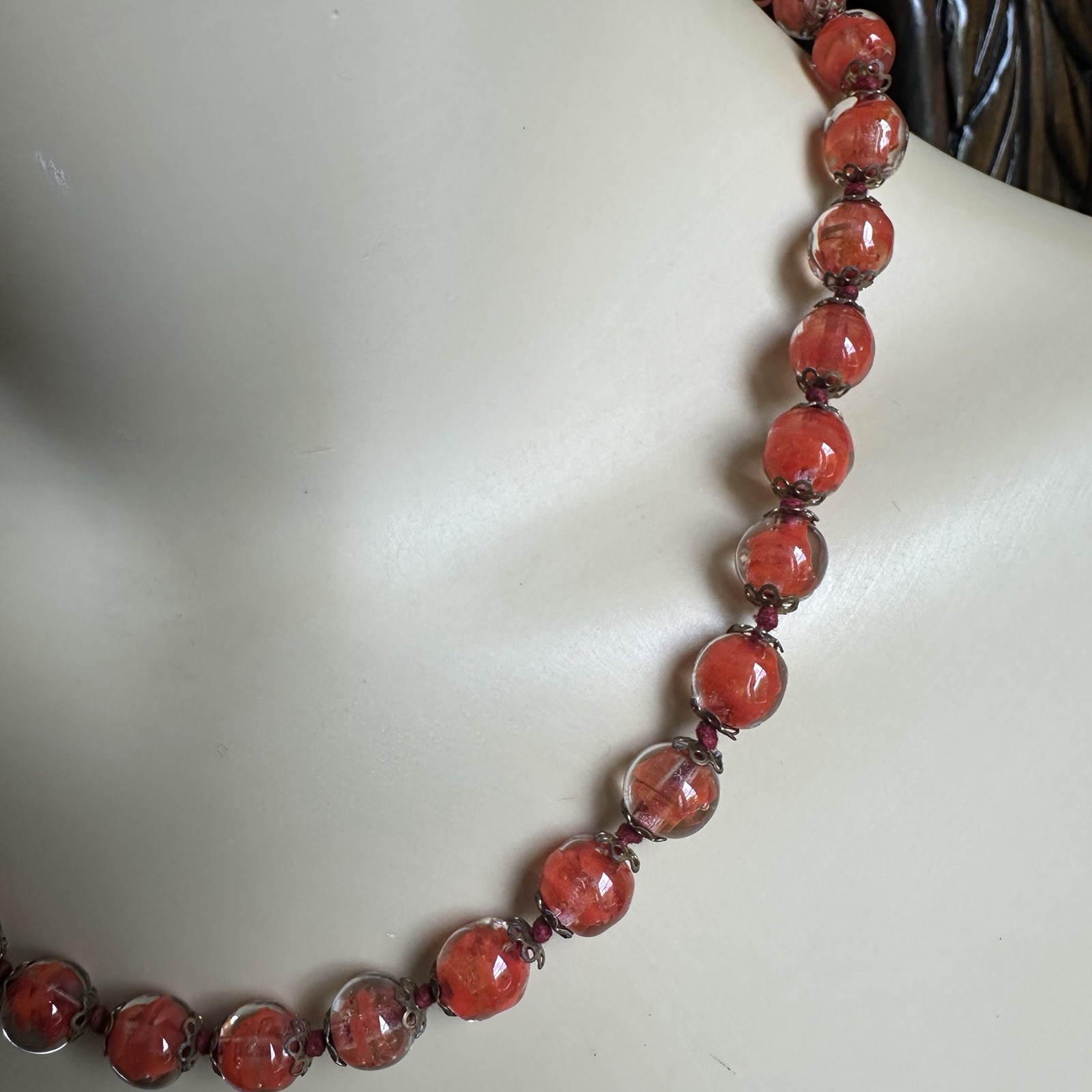Vintage Beaded Necklace 17.5 in Venetian Murano Art Glass Cased Red Orange Gold