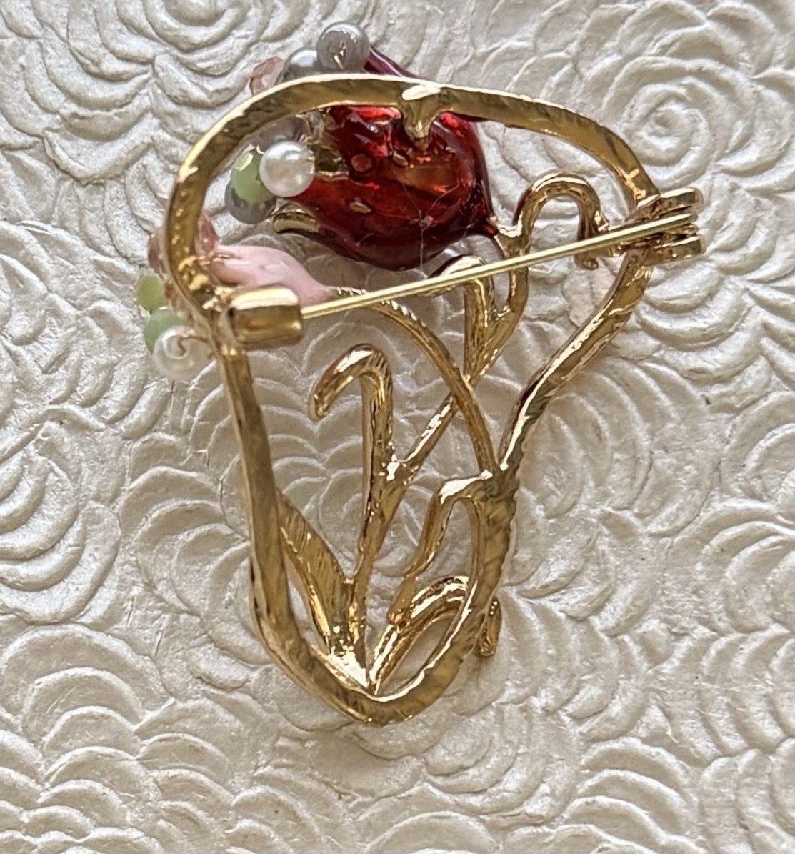 Flower brooch Enamel On gold tone metal w/ beads