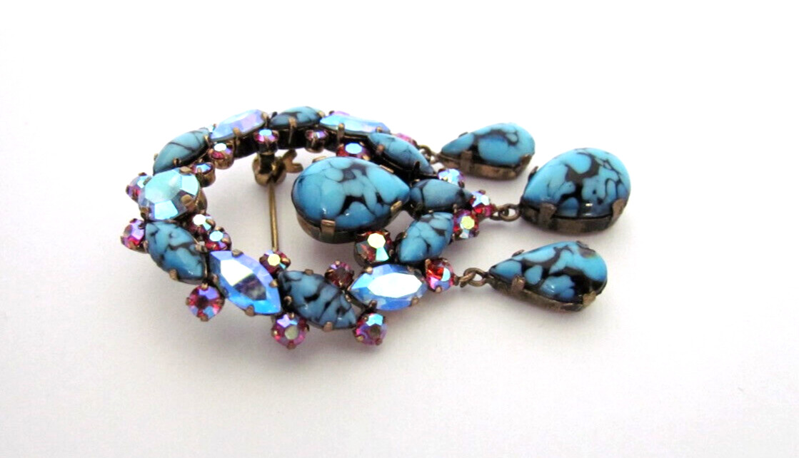 Vintage Austrian Art Glass Dangle Brooch Cabachon Rhinstones Blue Pink Rare