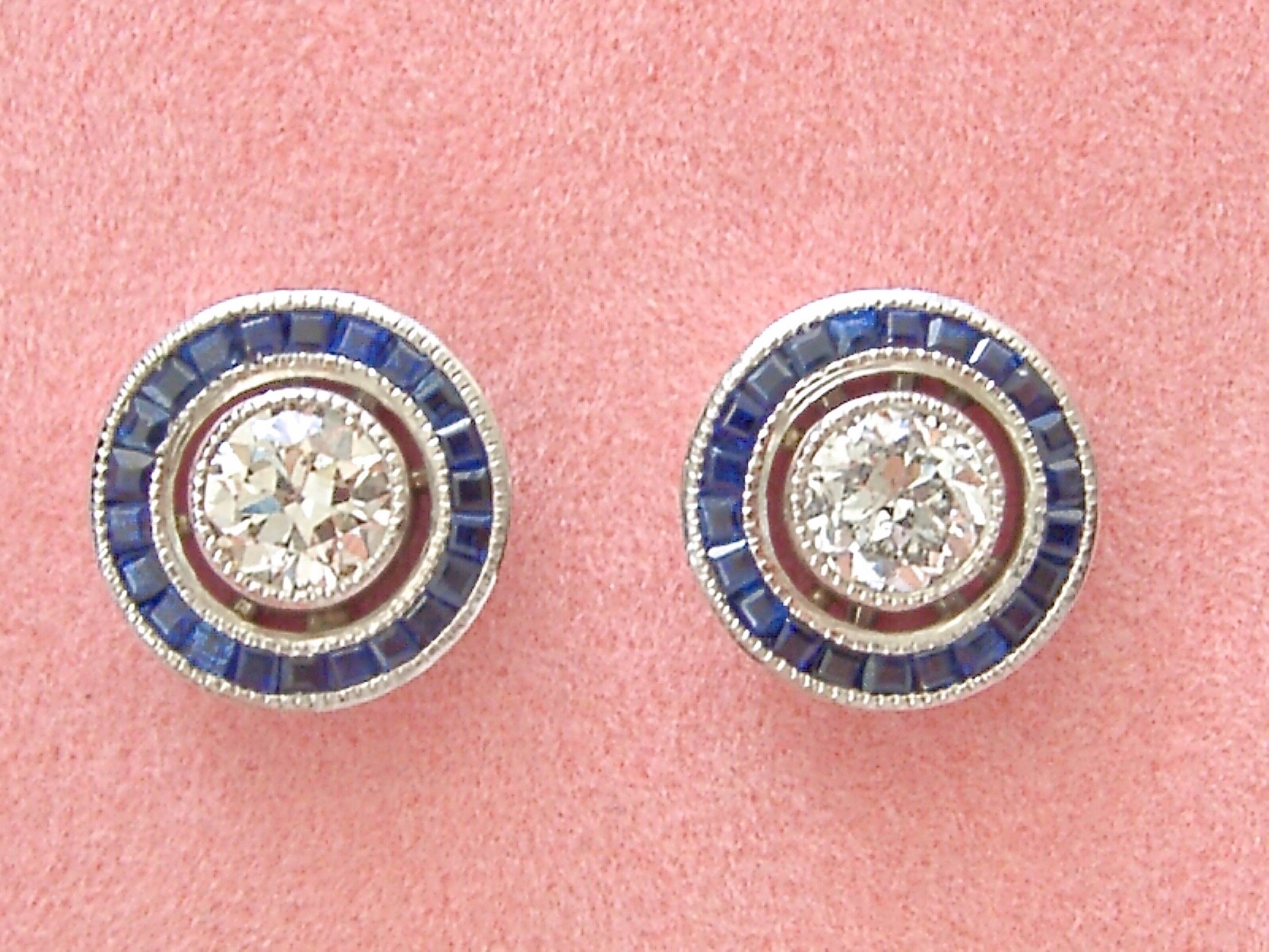 ART DECO 1.14ctw EURO FLOATING DIAMOND SAPPHIRE HALO 11mm PLATINUM STUD EARRINGS