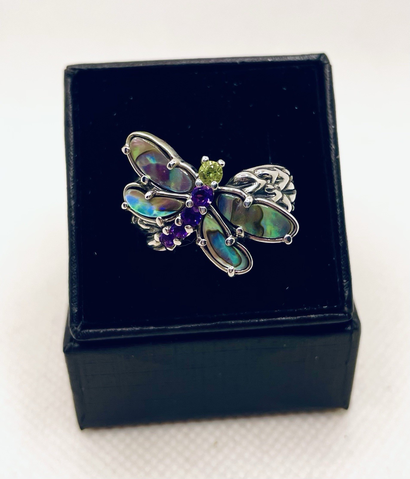 Carolyn Pollack Dragonfly Sterling Silver Abalone Amethyst Peridot Ring Sz 7