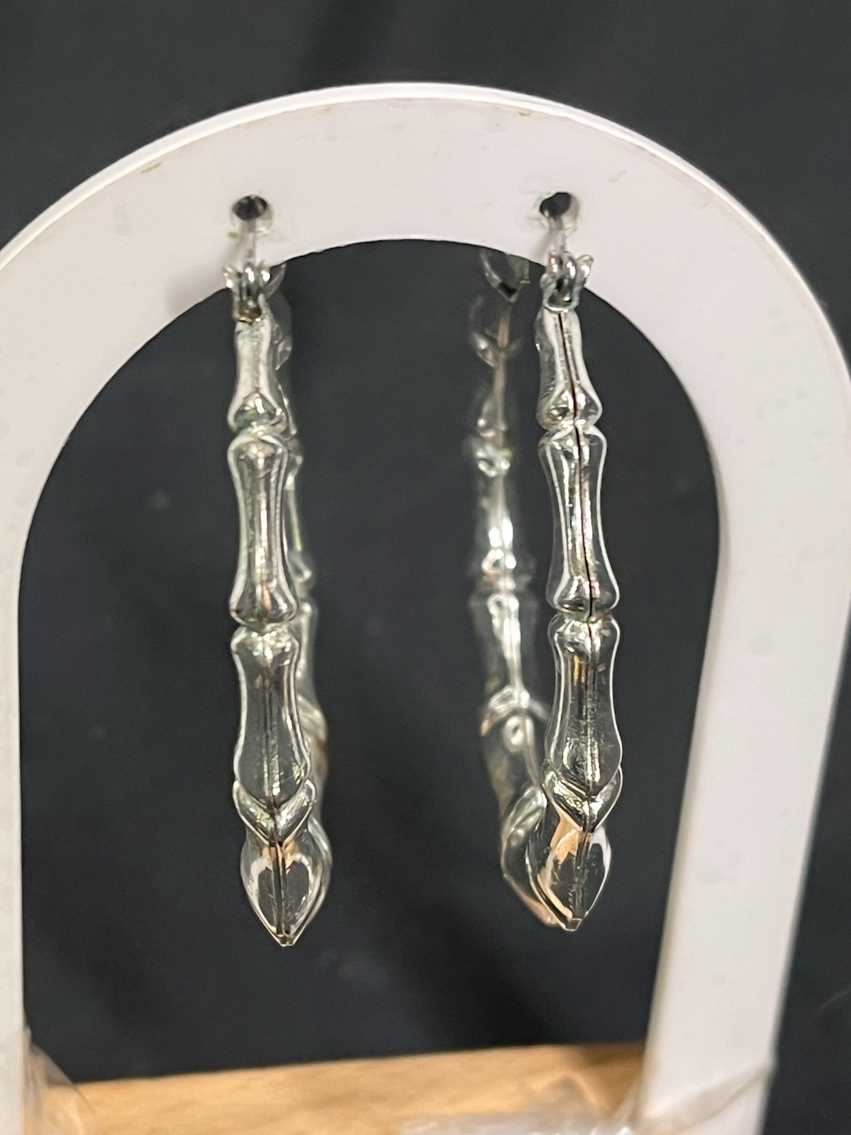 VINTAGE BAMBOO SILVER TONE METAL HOOP EARRINGS 2”