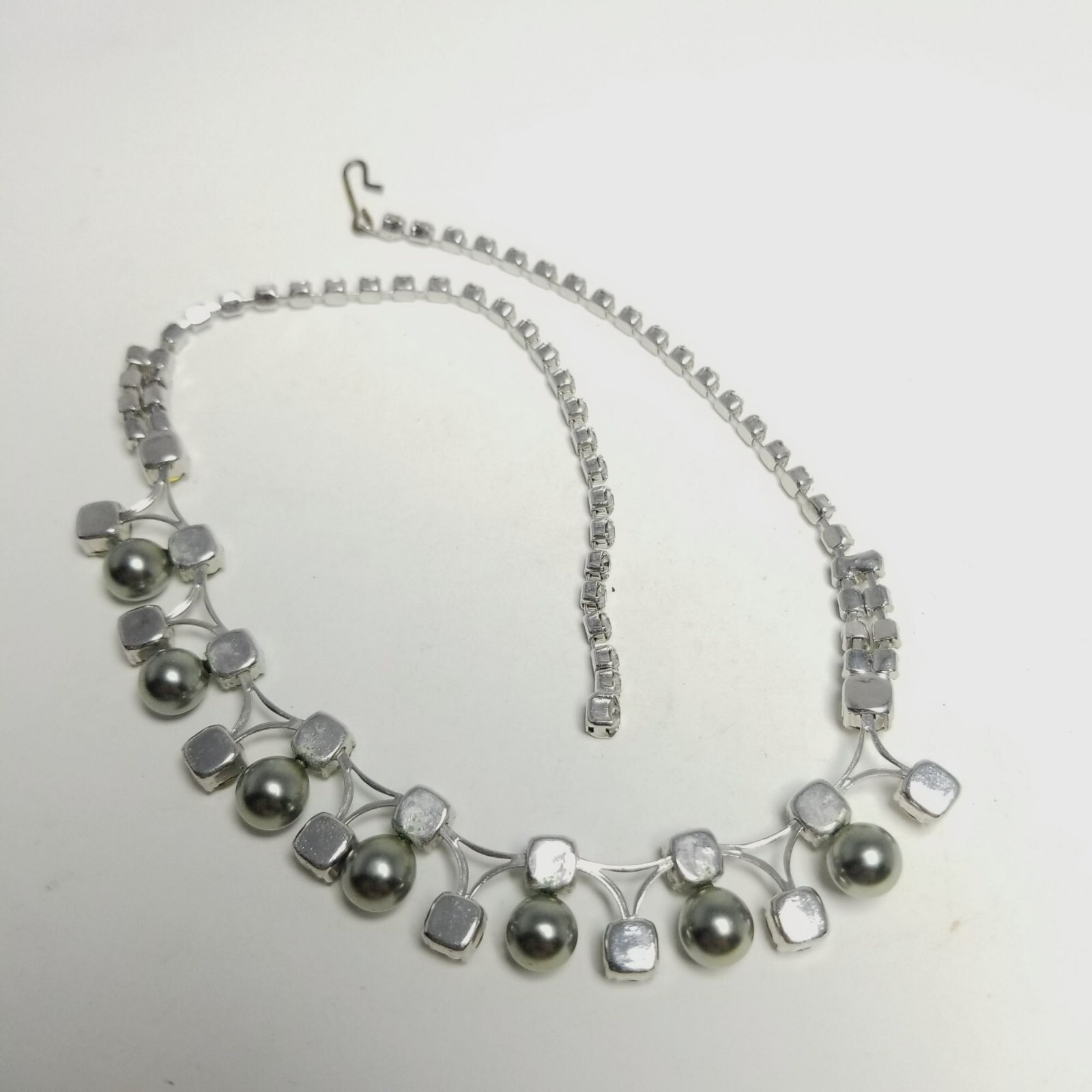Vintage Silver Tone Rhinestone and Faux Gray Pearl Collar Necklace, Adjustable