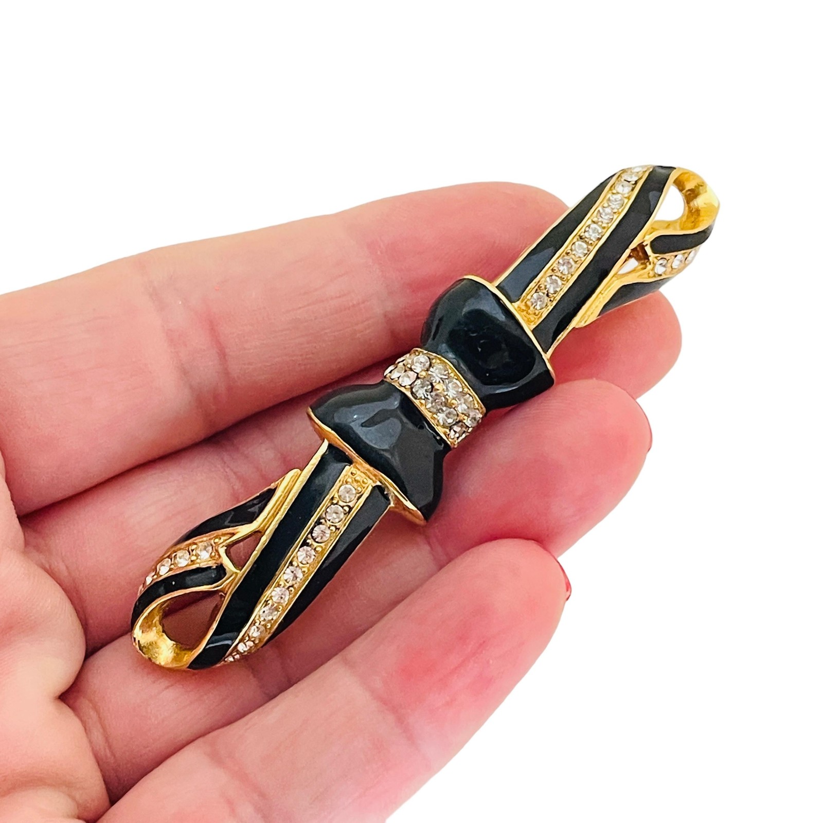Vintage gold rhinestones enamel bow designer runway brooch