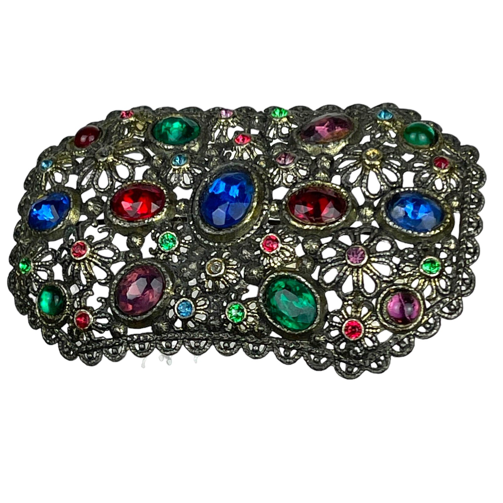 Estate Brooch New England Glass Works Vibrant Colors Faceted Stones Vtg 3” Pin