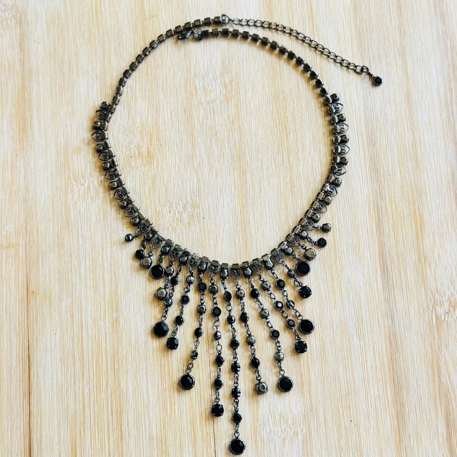 VTG Victorian Goth Style Black Glass Necklace Brass Waterfall Cascade Open Bezel