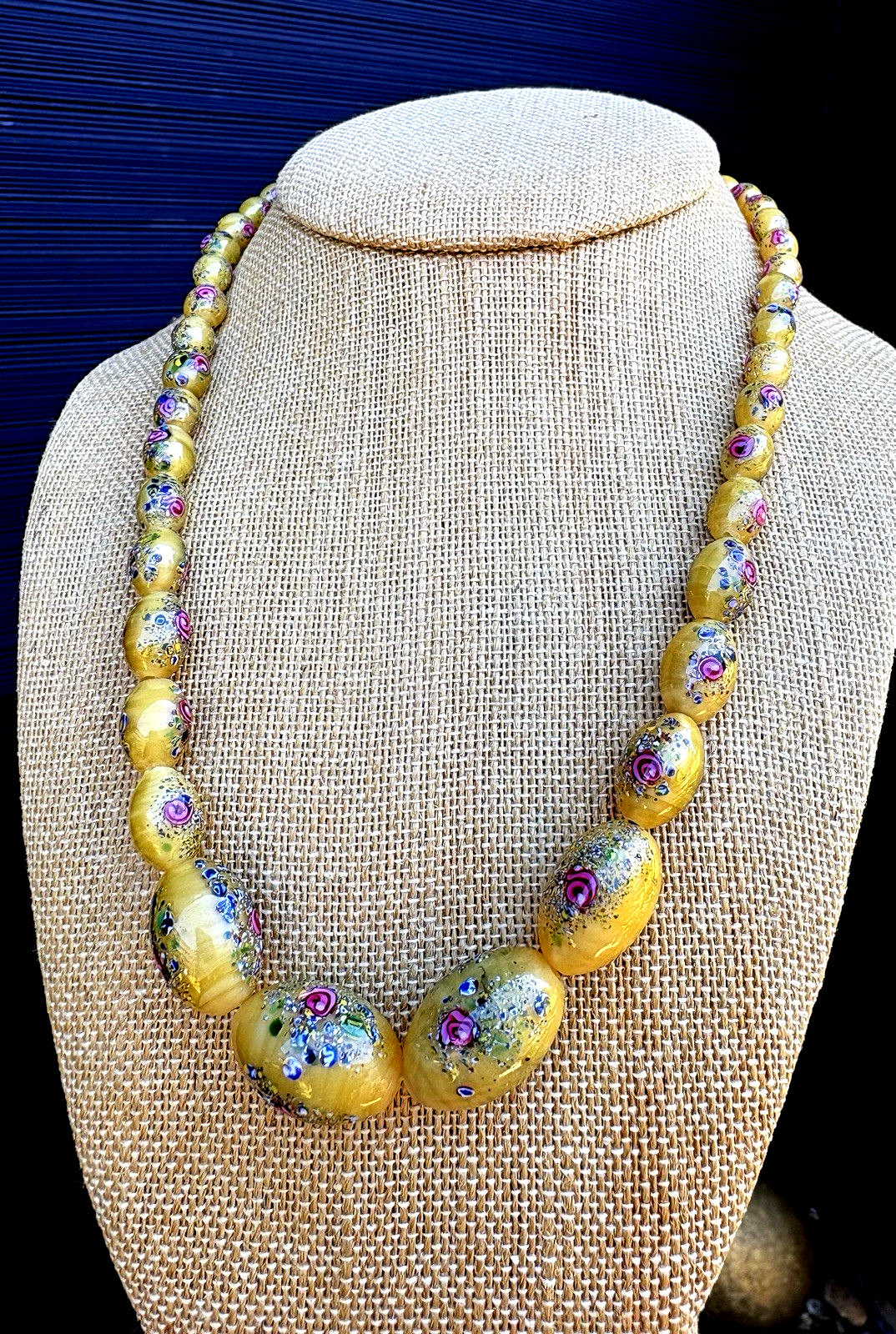 CZECH 1920’S NECKLACE YELLOW SATIN GLASS BEADS WITH FLOWERS 19.6″ Long