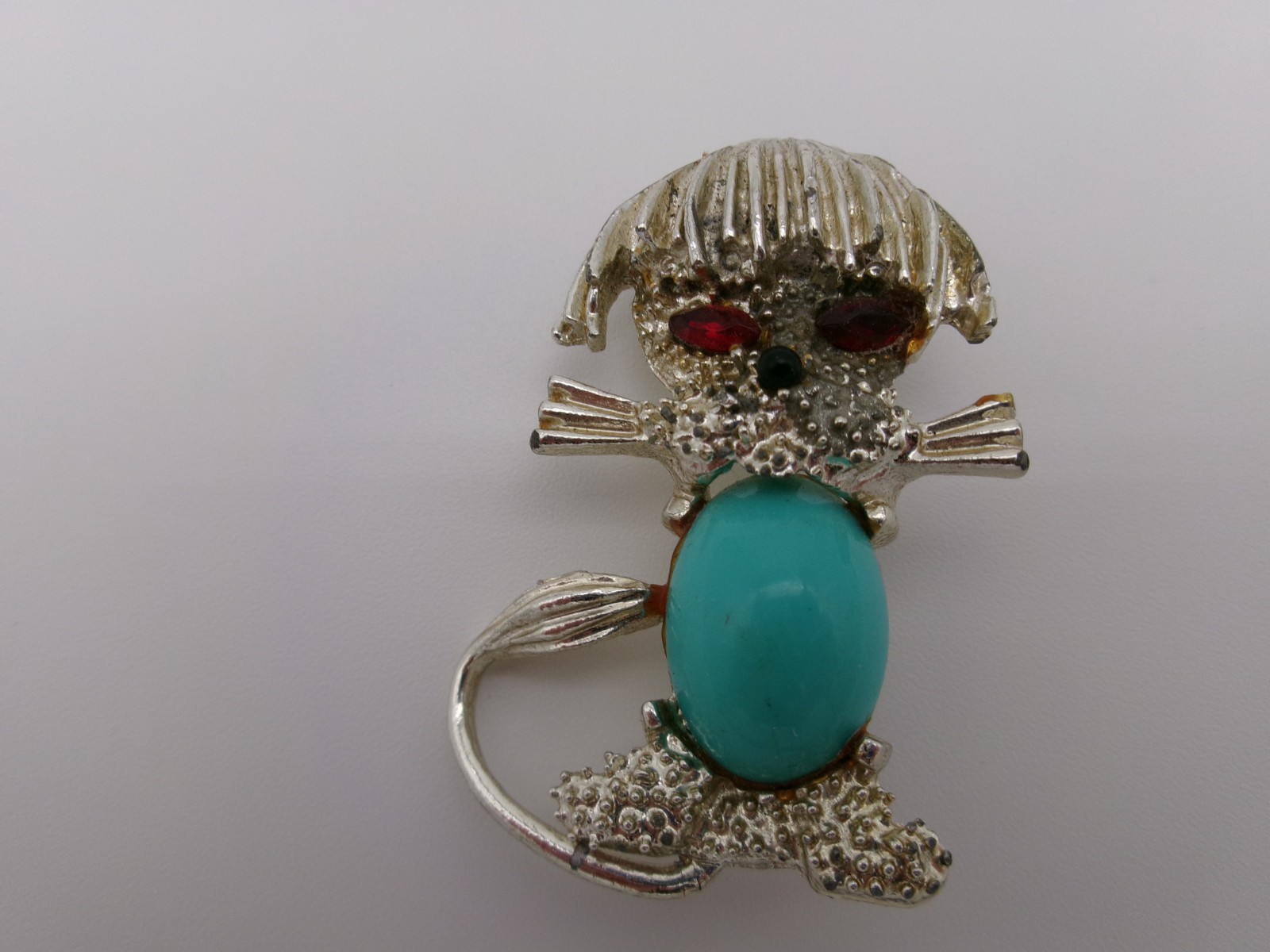 Vintage Whimsical Dog Brooch Pin 1960s/70s Turquoise Cabochon Belly Unsigned