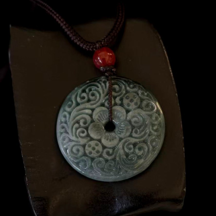 Natural Green Jade Jadeite Embossed Floral Pendant Round, Adjustable Cord