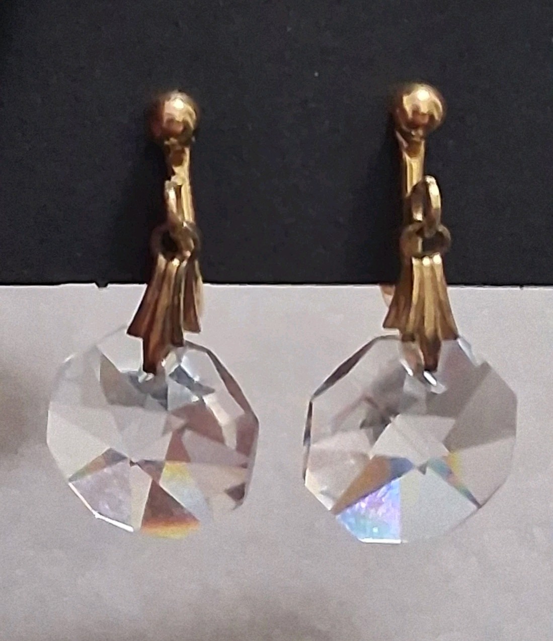 Gold filled faceted crystal dangle drop adjustable clip on earrings, geometric