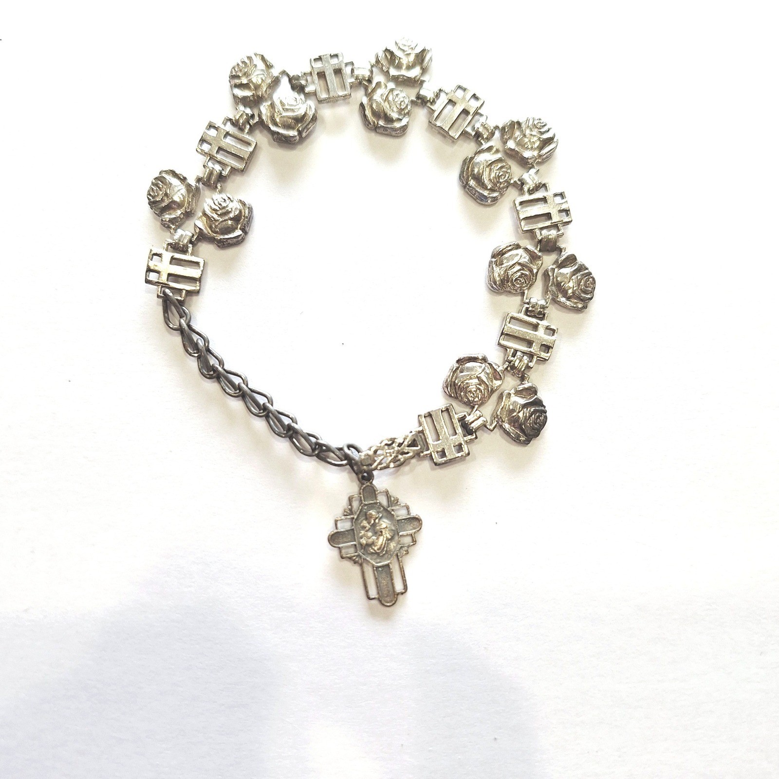 Vintage Silver Tone Rose Flower and Cross Link Rosary Bracelet with Crucifix