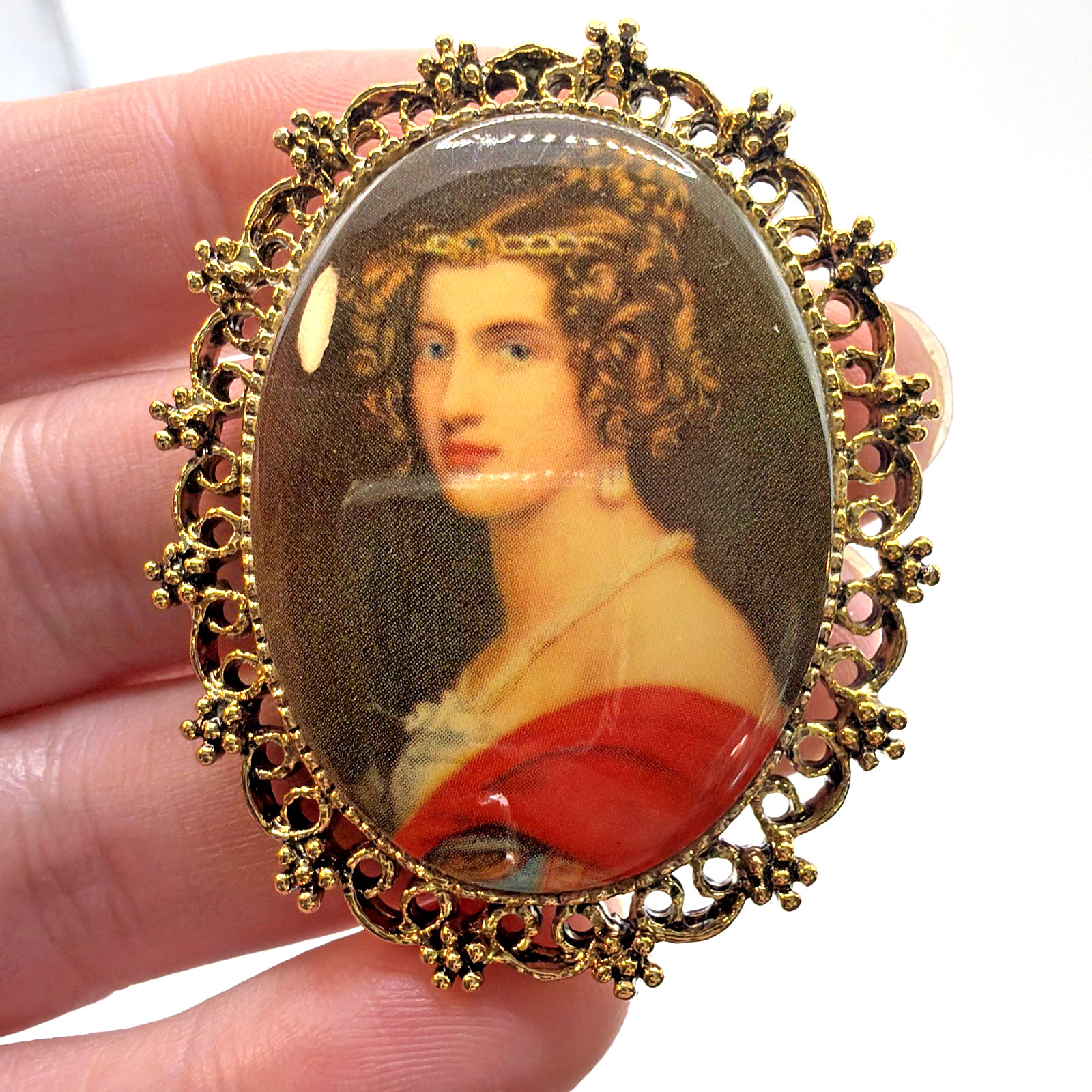 Victorian Portrait Brooch Pendant Gold Toned Transfer Print