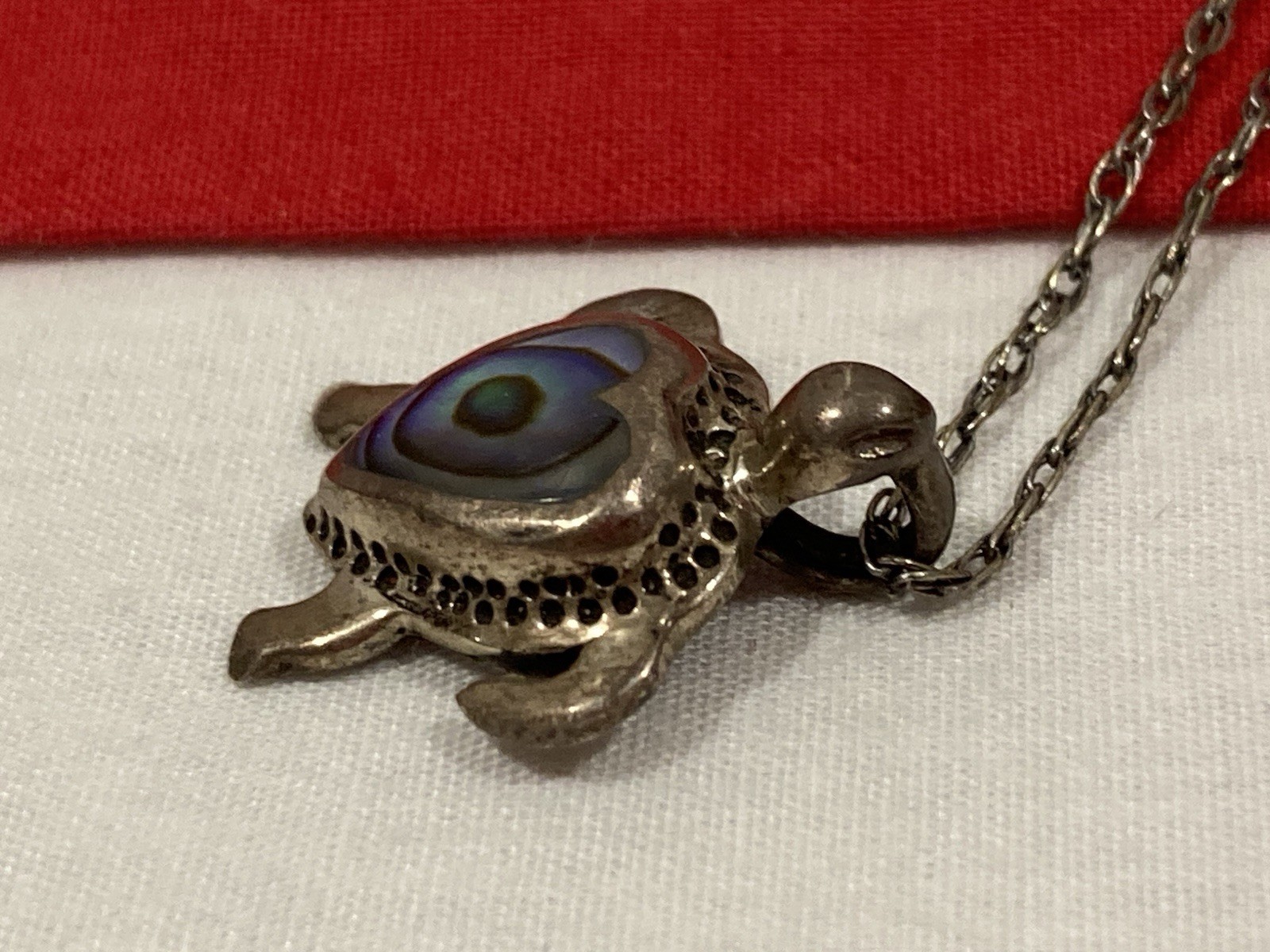 Vintage 925 Sterling Silver Abalone Heart Turtle Pendant & Chain Necklace 18.5”