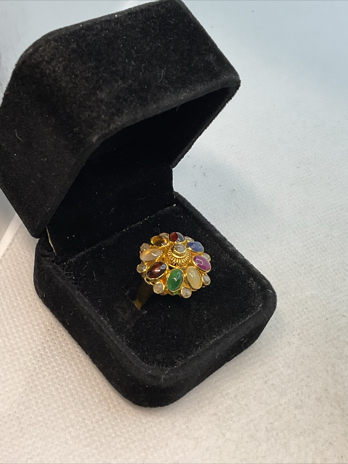 VINTAGE HANDMADE Solid 18K (750) Multicolor Gemstones & Rose Cut Diamonds Ring
