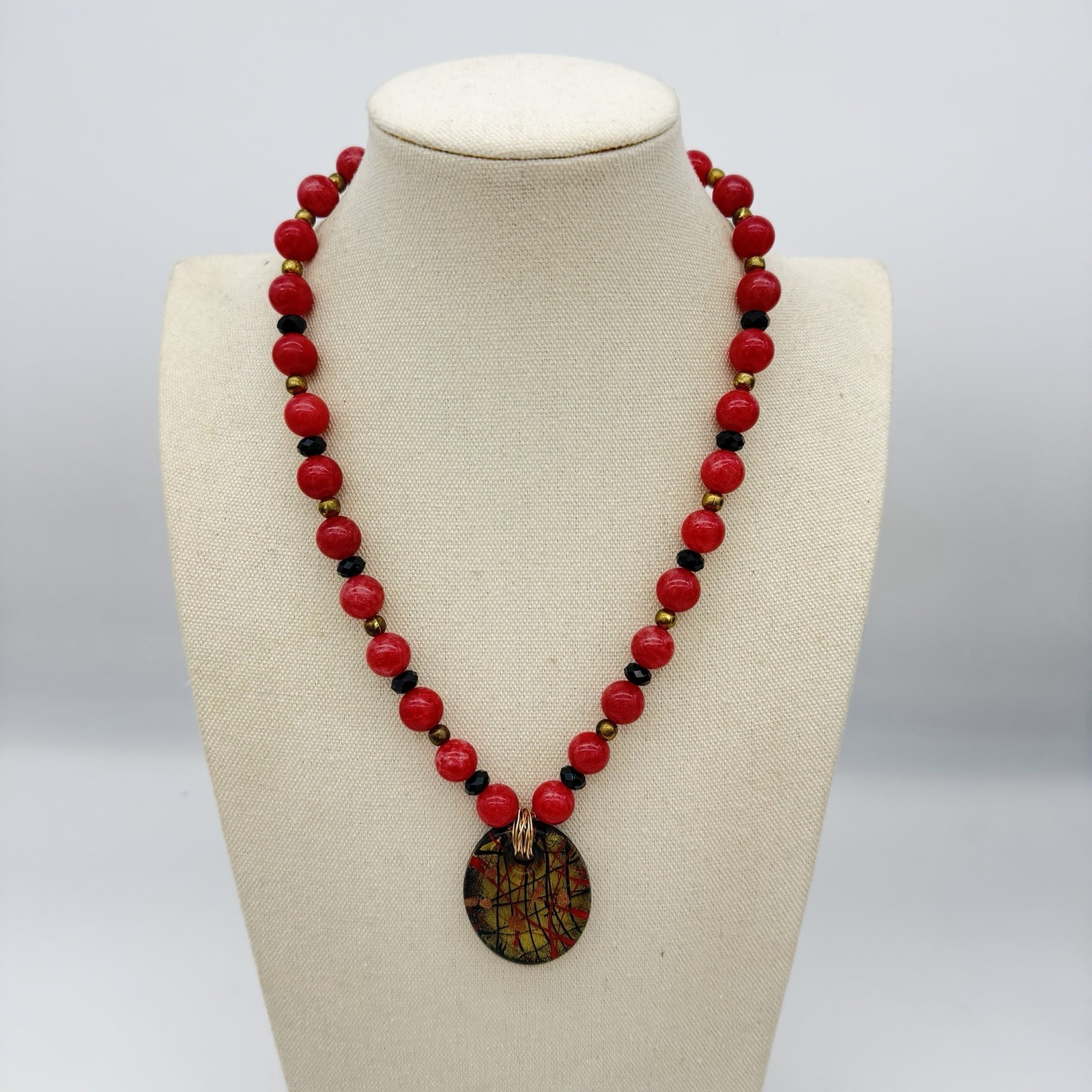 Vintage Artisan Rhodocrosite Pink Gemstone Necklace Murano Pendant Estate