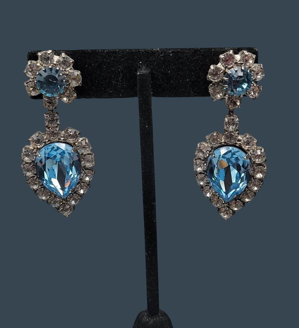 Vintage Art Deco Baby Blue Clear Rhinestone Teardrop Dangle Post Earrings