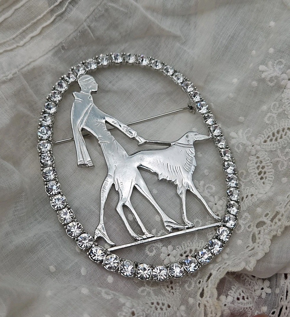 Vtg Vogue Art Deco 1920s Silver Lady Walking Borzoi Dog Brooch Pin Rhinestone