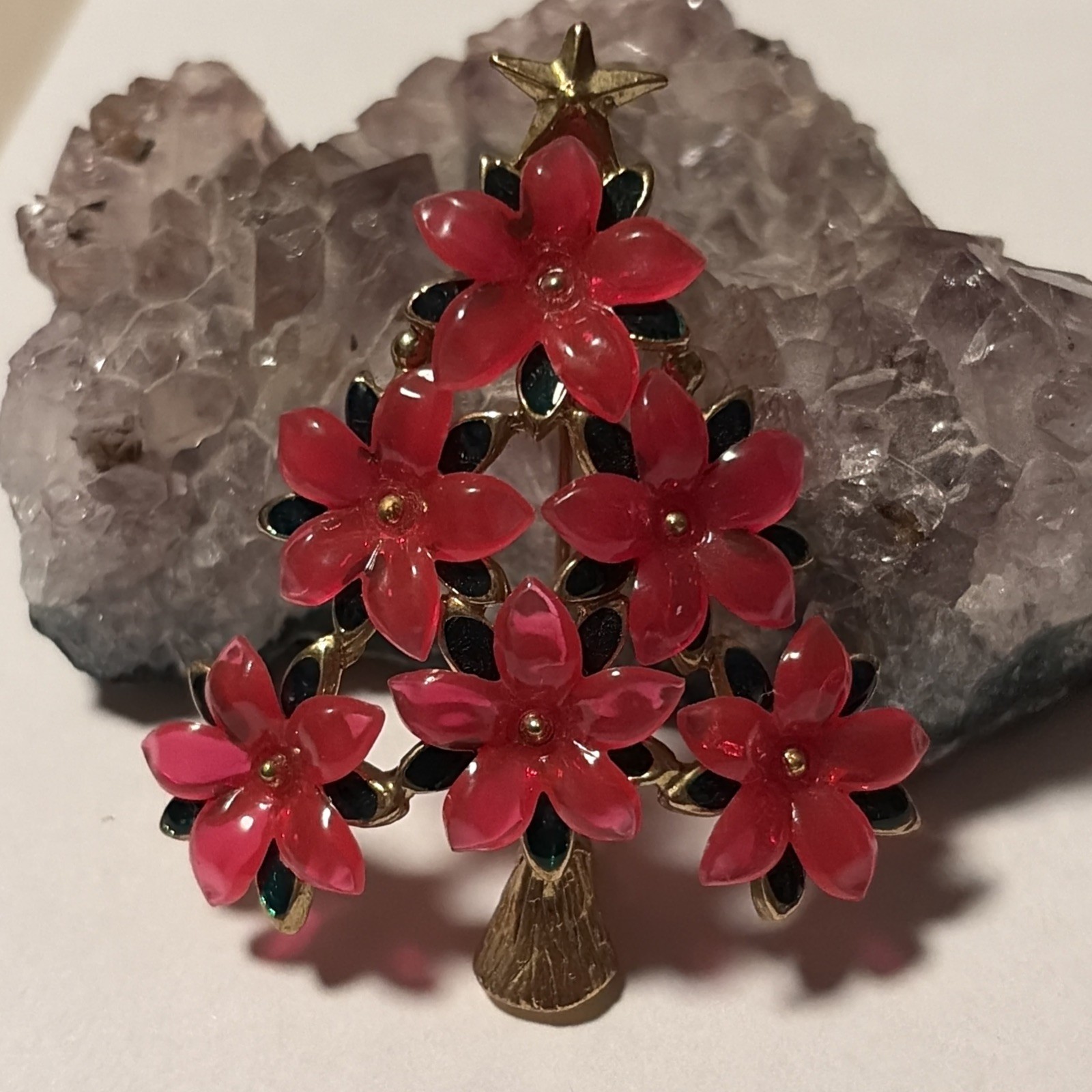 Vintage Unique Signed Lia Poinsettia Christmas Tree-pinkish Red 🌺 Flowers