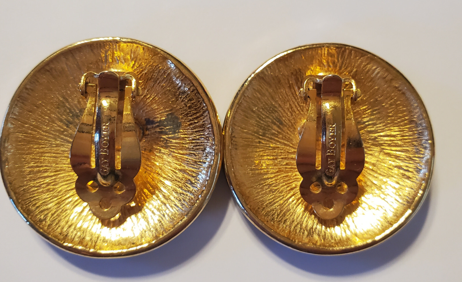 Classic & Signed- Gay Boyer Gold Tone Latice Black Enamel Clip Button Earrings