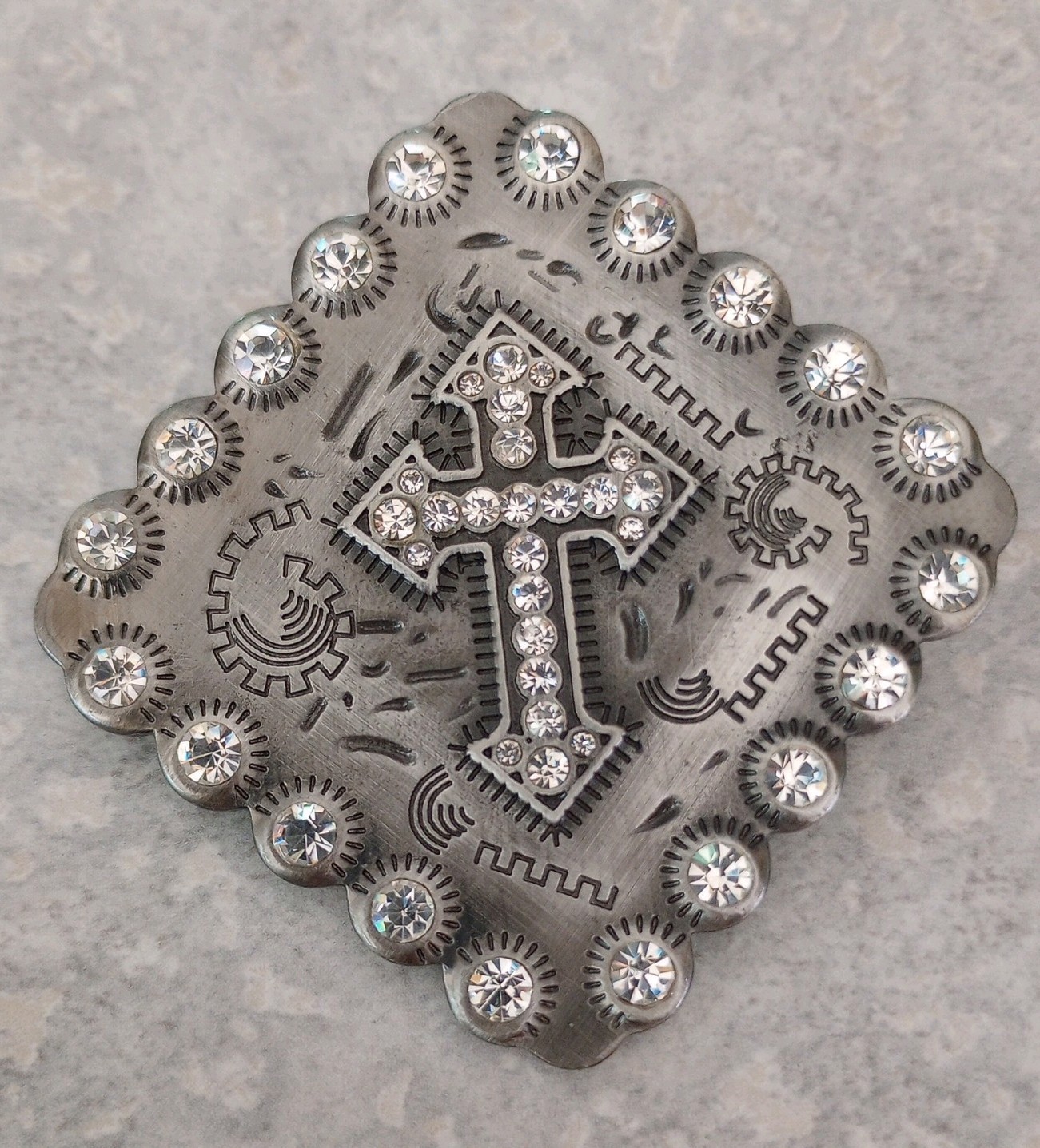 BHW Concho Rhinestone Silver Tone Western Cross Pendant 2.25″ & Magnetic Clasp