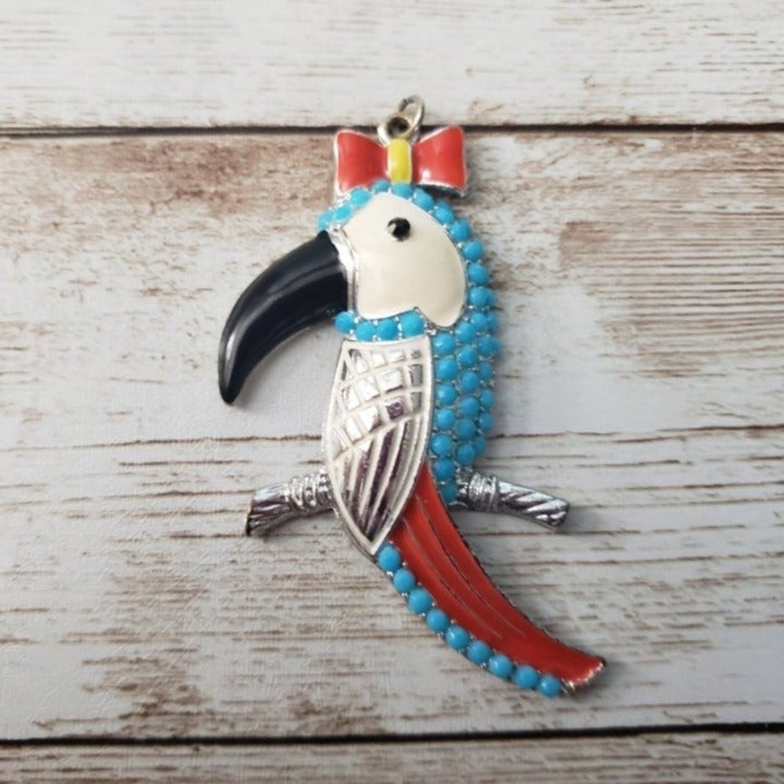 Vintage Pendant Large Blue Parrot with Bow (No Chain Included)