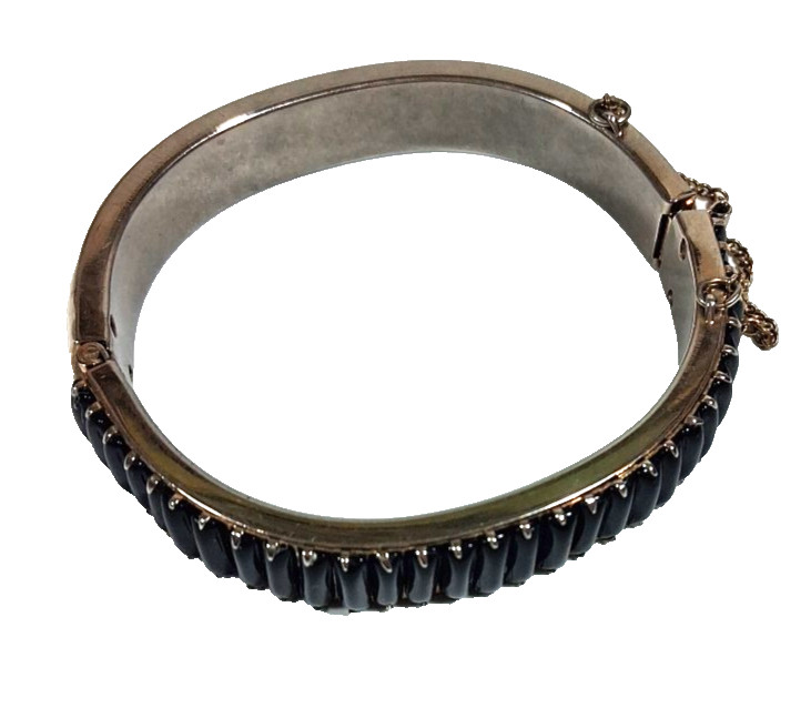 Vintage Black Baguette Onyx Silvertone Hinged Clasp Bracelet w/Safety Chain