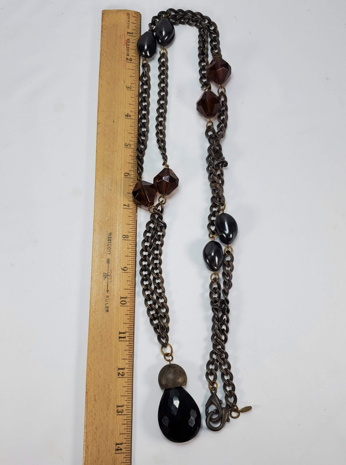 Kate Hines Necklace Metal Chain Beaded Greek Roman Brutalist 24″ Stone Vintage