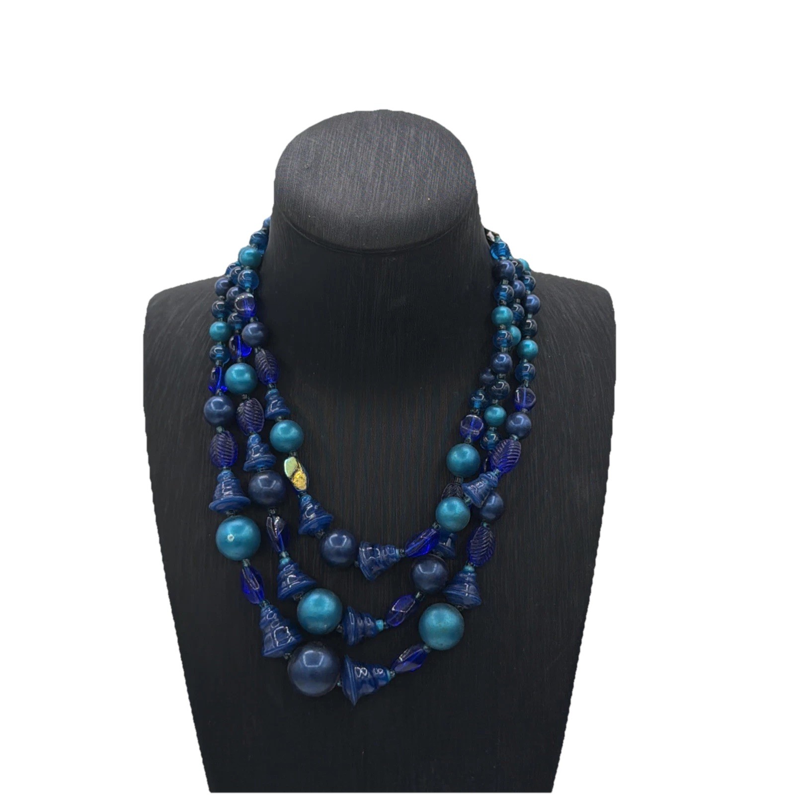 Japan Signed Vintage Multi‑Strand Blue Beaded Necklace – Art Glass Statement