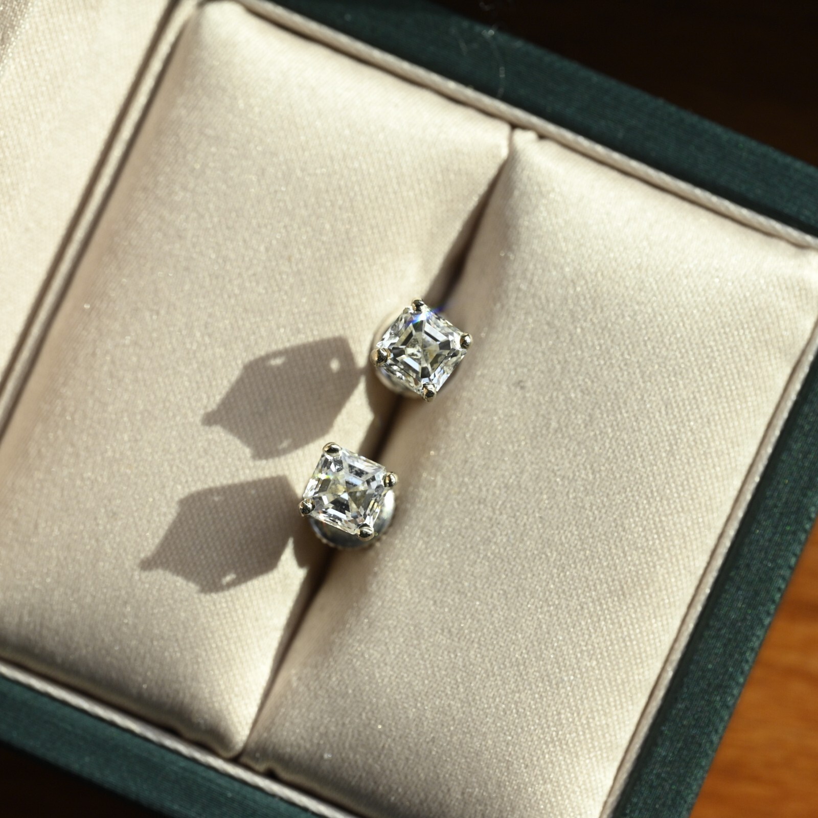 1.52 CTW Diamond Earrings Asscher VS1 E-F Excellent Cut 14k White Screw Stud