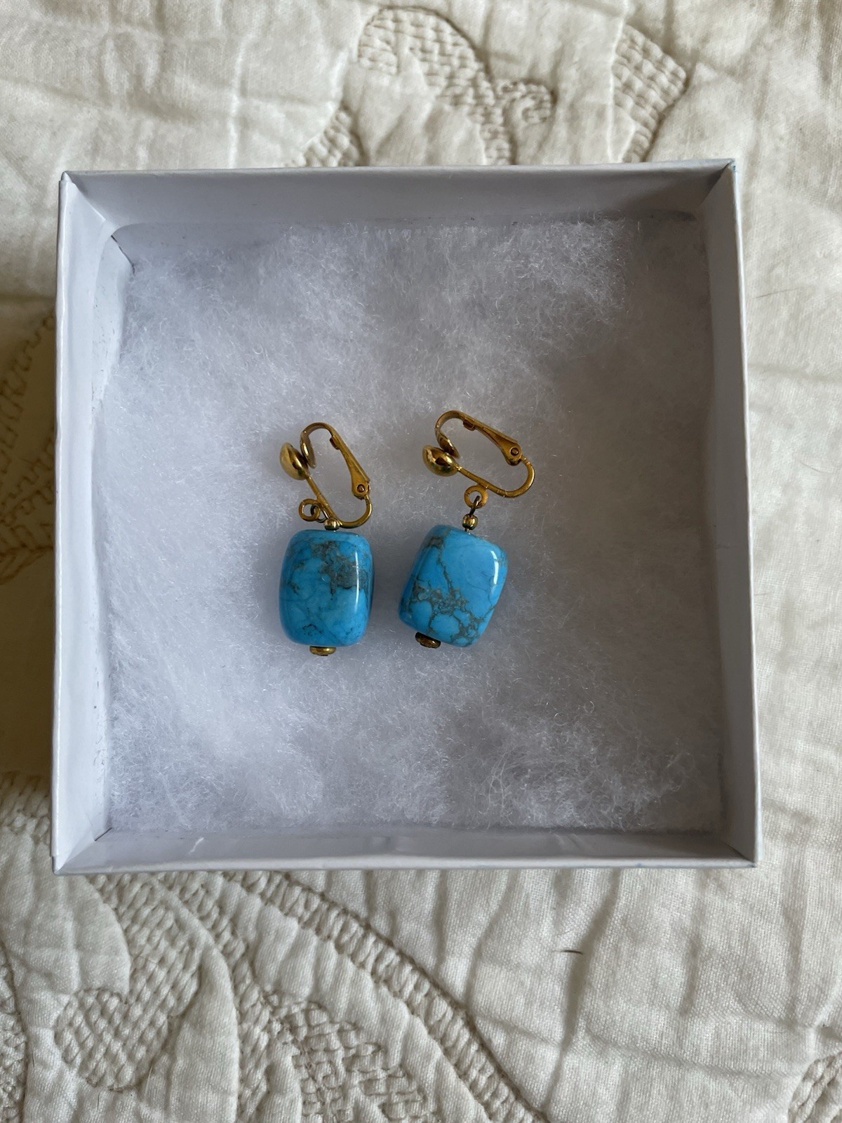 Gold Tone Clip Back Faux Turquoise Earrings